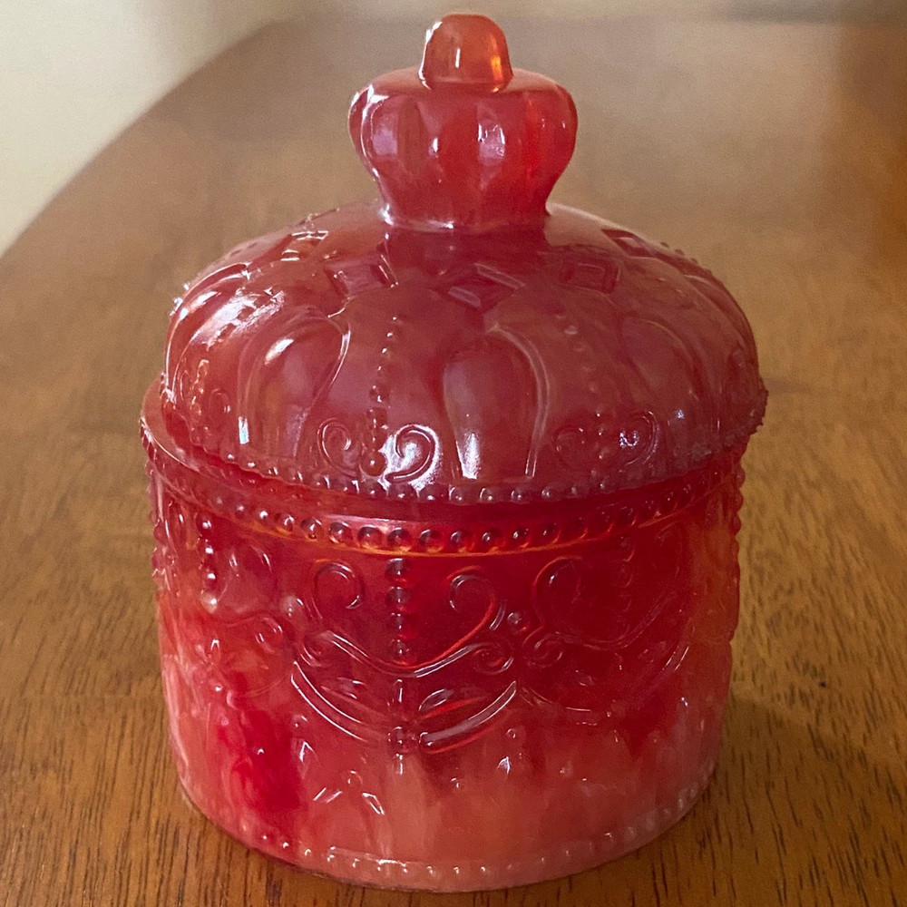Red resin Lidded Candy Jar Trinket Box Decorative Ornate Pattern