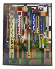 Frank Lloyd Wright Metal Framed Saguaro Cactus Flowers Stained Glass Wall Decor