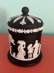Wedgwood Jasperware White on Black Lidded Cigarette / Tobacco Jar Post 1908