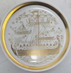 2 Vtg Porcelain Porsgrund Norway Viking Ships 4″ Mini Plate Trinket Dish Coaster