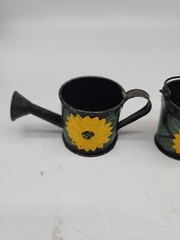 Vintage Miniature Metal Watering Can & Bucket Painted Sunflowers, 2″-3″ Tall