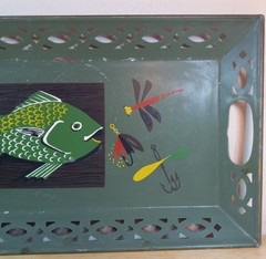 VTG MCM Pierced Metal Toleware Tole Serving Tray Handpainted Fish and Lures VGUC