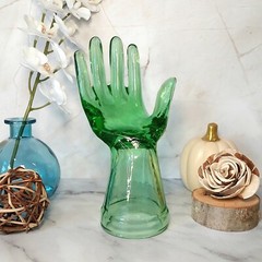 Green Depression Style Glass Hand Ring Holder, Jewelry Box, VTG Style, Retro