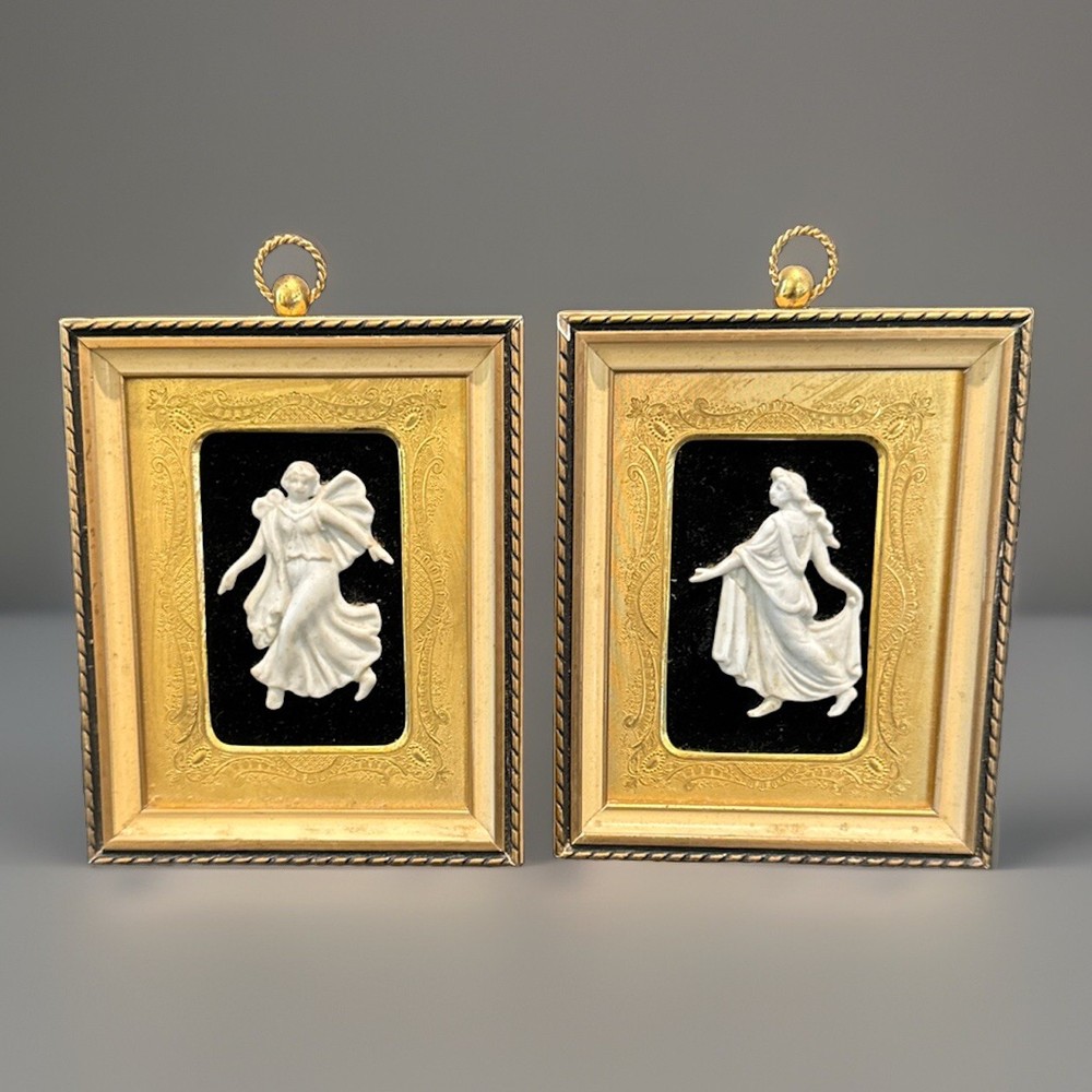 VTG Wedgwood Style Relief Dancers Framed Velvet Brass Set Of 2 5×4