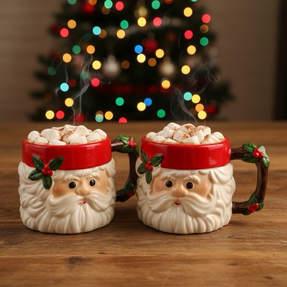 Set 2 Fitz And Floyd Classic Santa Christmas Mugs Vtg Holly & Branch Handle 1979