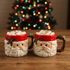 Set 2 Fitz And Floyd Classic Santa Christmas Mugs Vtg Holly & Branch Handle 1979