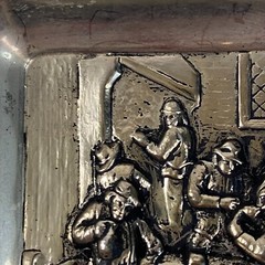 Antique Collectible Metal Cigarette Ashtray Men Sitting Around A Table Rare