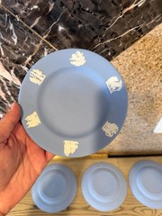 Vintage Set of 8 Jasperware Plates Wedgwood Blue Cameo Relief Decorative 6.5″