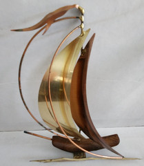 2 Unique Mid-Century Brass, Copper & Wood 8″ & 10.5″ Sailboat Wall Hangings