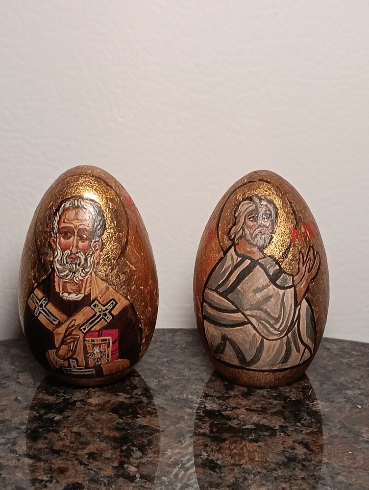Vintage Made In Greece Gold Gilt w/ Religious Figures Decorative Wood Eggs