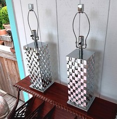 2 CHECKERBOARD chrome table lamp vtg pop mod mcm ’80s modernist art sculpture