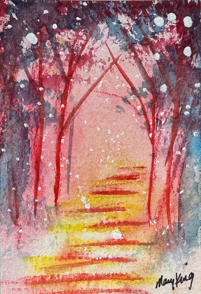 Watercolor ACEO Original Painting by Mary King – Stairs to Secret Garden
