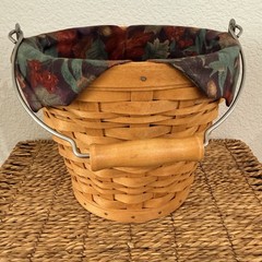 Longaberger Classic Autumn Fall Pail Basket Leaves Liner Protector Acorn & Lid