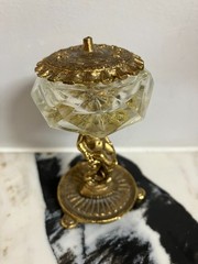 Miniature Dish Vintage Art Nouveau Deco Cut Crystal Glass, Brass & Tweezers 3.1″