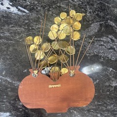 Vintage HOMCO Brass Eucalyptus Leaves Sculpture Wood Planter Plant Decor MCM