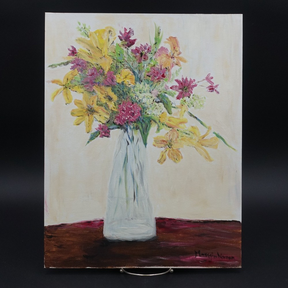 Lilies Amateur Still Life Floral Oil Painting Unframed Signed Margie Norman 2017