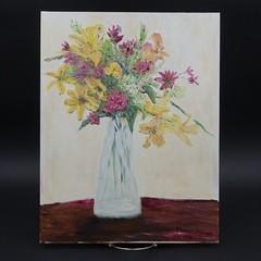 Lilies Amateur Still Life Floral Oil Painting Unframed Signed Margie Norman 2017