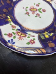 Gaudy Welsh flower plate w copper luster details cobalt blue 8 1/2” D