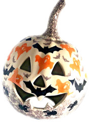 Polish Pottery Goth Ceramic Pumpkin 7″ High Spiders Ghosts Bats Gothic Decor