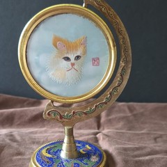 Chinese Double-Sided Silk Embroidery Cat Rotating Table Screen Cloisonné Base