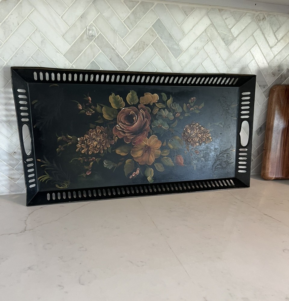 Antique Black Toleware Tray Long Hand Painted Reticulated Metal 24.5 x 12.5”