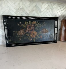 Antique Black Toleware Tray Long Hand Painted Reticulated Metal 24.5 x 12.5”