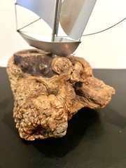 DEMOTT signed Tall Silver Metal Sail Boat Sculpture on Driftwood Base Vintage