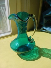 Antique ART GLASS HAND BLOWN PITCHER Pilgram Glass 5″ Blue Bud Vase Creamer