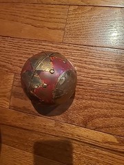 (2) Vintage Decorative Balls Brown Wood Sphere Embossing Brass Metal Inlay