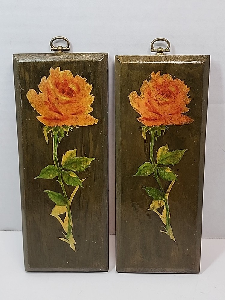 2x Floral Roses Handmade Wooden Lacquer Wall Art Plaques Wall Decor 70s 80s Vtg