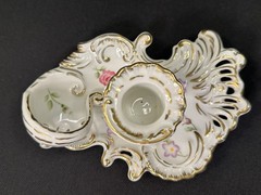 Exquisite Vintage Handled Candlestick Holder Heavy Gilt Trim Reticulated China