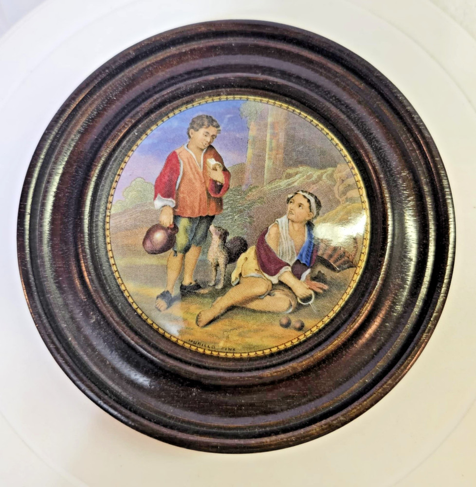 Antique vtg Victorian Framed Wall Hanging English Prattware Pot Lids Couple-READ