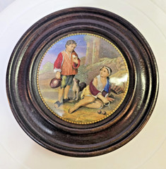 Antique vtg Victorian Framed Wall Hanging English Prattware Pot Lids Couple-READ