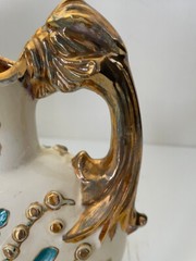 Vtg Ceramic Hand Painted Pitcher Gilded Gold Aqua White Molded 3D Design 8.75″