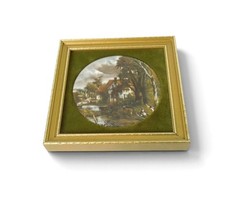 Vintage Healacraft England Framed Ceramic Landscape Plaque Velvet Decor 5″