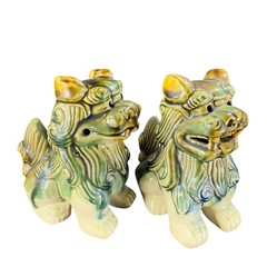 Vintage 1980s Ceramic Majolica Green Foo Dogs Set 2 Shishi Lions Good Luck vtg