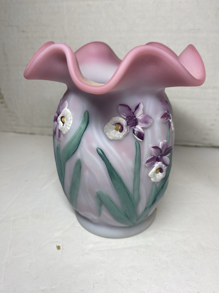 Vintage Fenton Blue Burmese Hand Painted Daffodil Vase Signed Sean Fenton READ
