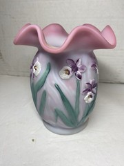 Vintage Fenton Blue Burmese Hand Painted Daffodil Vase Signed Sean Fenton READ