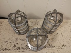 3 Vtg Cast Aluminum Light Bulb Cage & Glass Insert Lamp Industrial MCM