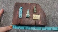 Antique Faience 3 AmuletS On A Red Piece Of Wood From EGYPT