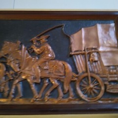 Copper Hand Forged 3D Picture 3 Horses Pulling Wagon Vintage Polish Framed Vtg