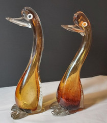 Unique Pair of Murano Hand Blown Swans/Ducks in Amber Tones and Bubbled Design