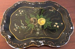 Antique 1850’s Small Metal Floral Toleware Dresser Tray With Scalloped Edges