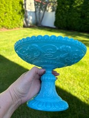 Opaline Blue Milk Glass Portieux Vallerysthal PV Griffin Phoenix Dragon Compote