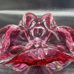 Hand Blown Bohemian Cranberry Art Glass Dish Bowl Folded Edges Original Sticker
