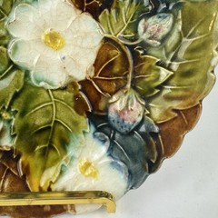 Antique French Majolica Strawberry Plate Floral Relief 8.5 Inch