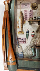 Wooden Fishing Row Boat Diorama -Wall Hanging Art Cabin Bass Decor Sign Display