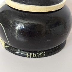 Vintage Hand Painted Wood Black Tuxedo Cat Trinket Box Dish w/Lid Folk Art Haiti