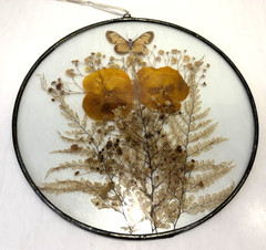 Silver Framed Round Dried Flowers & Butterfly Glass Hanging Window/Wall Decor