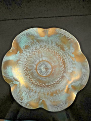 VTG STANGL POTTERY 10″ RUFFLED DISH ANTIQUE GOLD OVER TURQUOISE BLUE BASE #4062